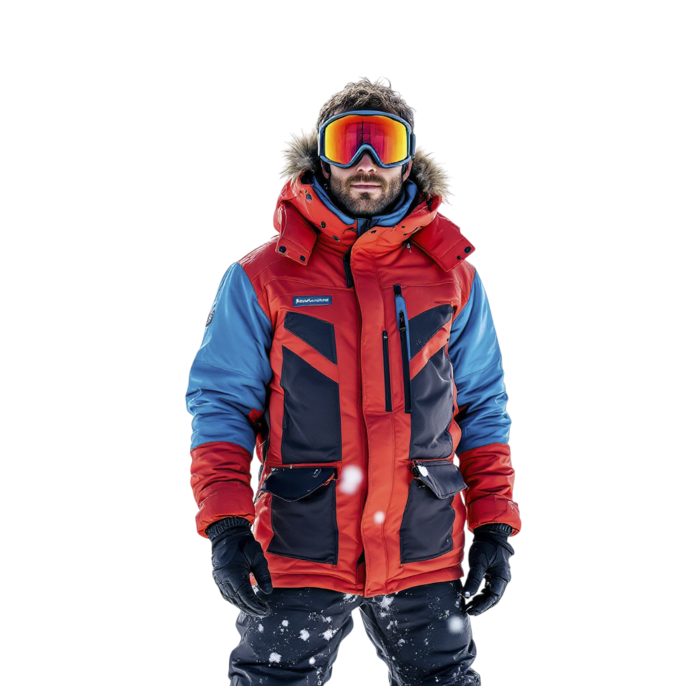 A man in a red and blue ski jacket and goggles png
