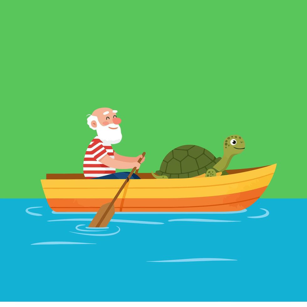 Rowing Boat Ride with Old Man and Turtle Friend Together vector
