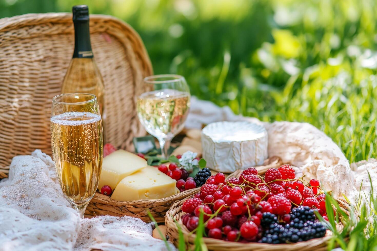 Enjoying a cozy summer picnic with a woven basket and refreshing drinks in the sunlight photo