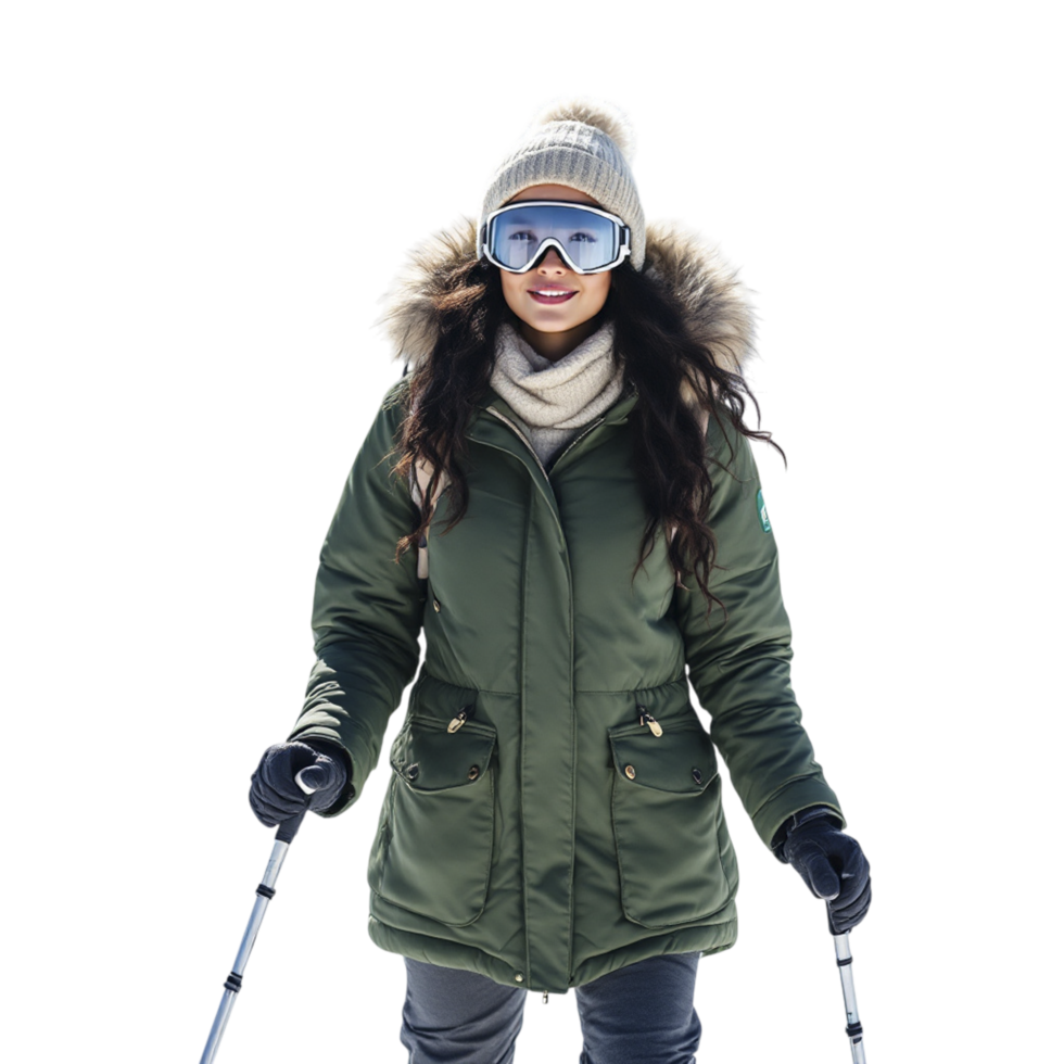A woman in a ski suit and goggles is standing on skis png
