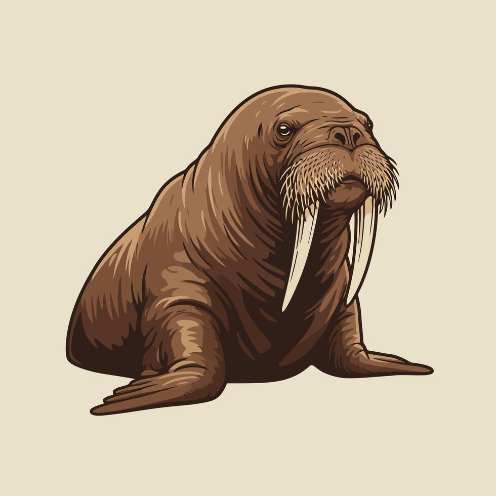 Walrus Illustration Sitting Down Calmly Detailed Brown Tones on Beige Background vector