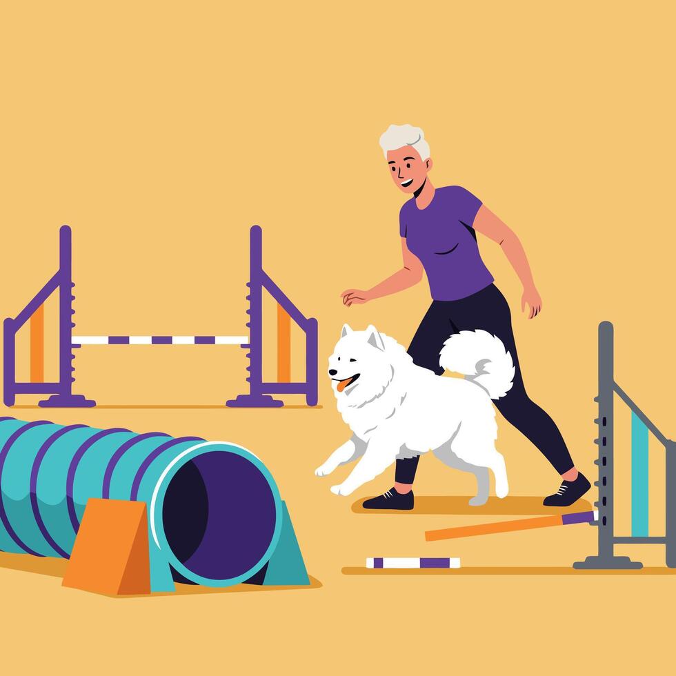 Dog Agility Training with Woman and White Dog Running Course vector