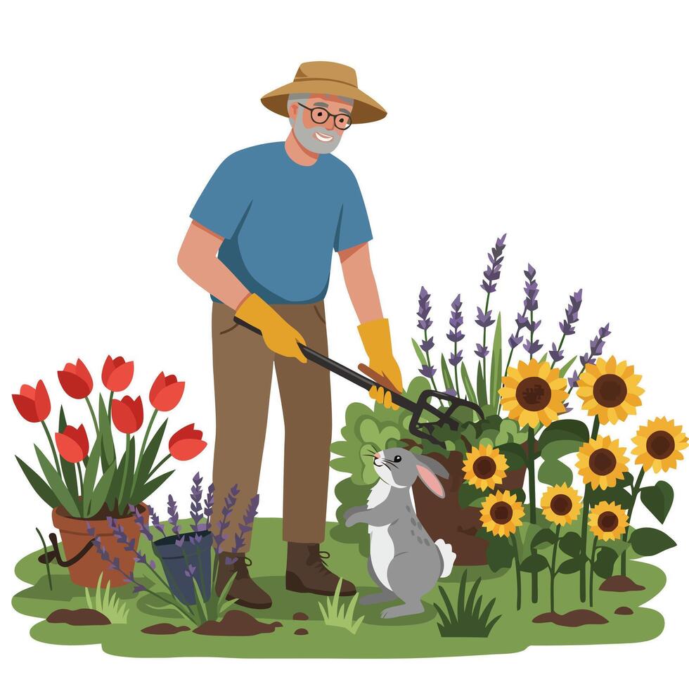 Gardening Man Tending Flowers While Rabbit Watching in Garden vector