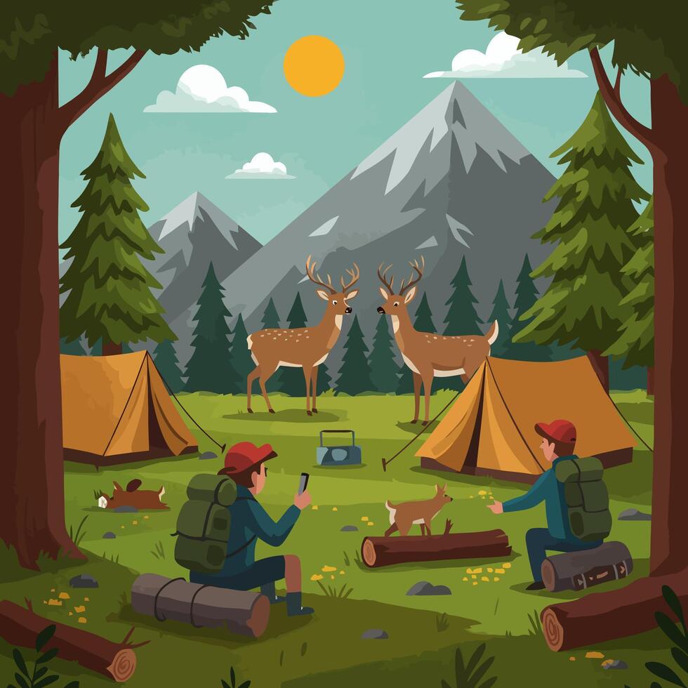 People Camping with Deer in Mountain Scene Flat Illustration vector