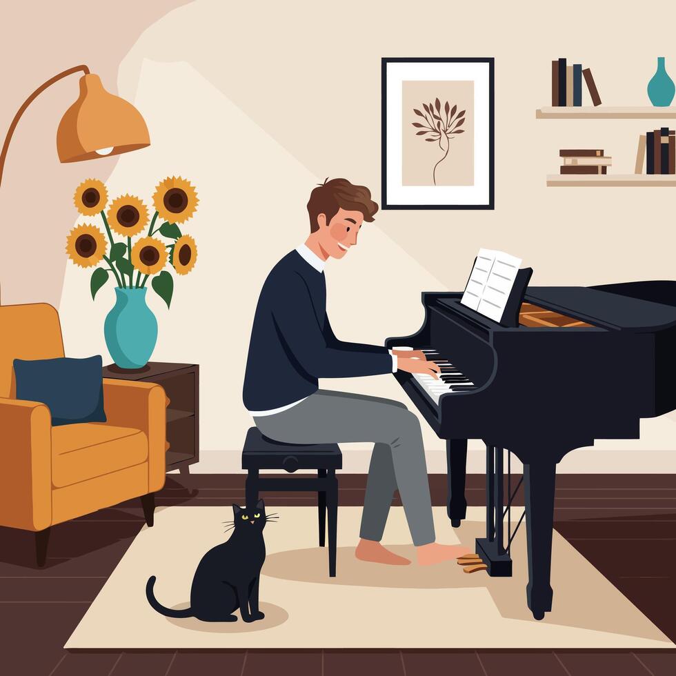Man Playing Piano at Home with Cat and Sunflowers vector