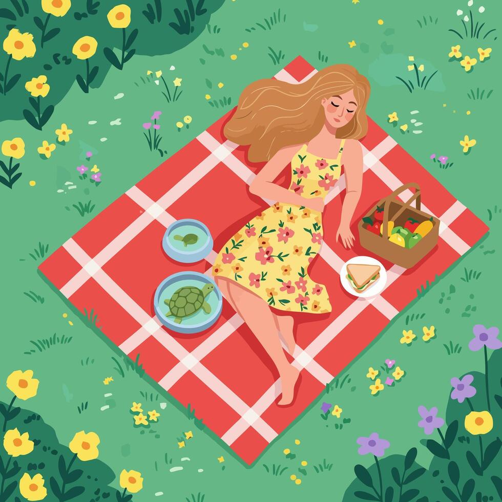 Woman Relaxing on Picnic Blanket with Turtles in Grassy Field vector