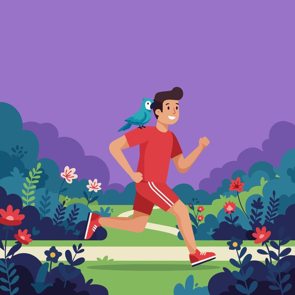 Man Running Outdoors with Bird in Floral Spring Landscape Illustration vector
