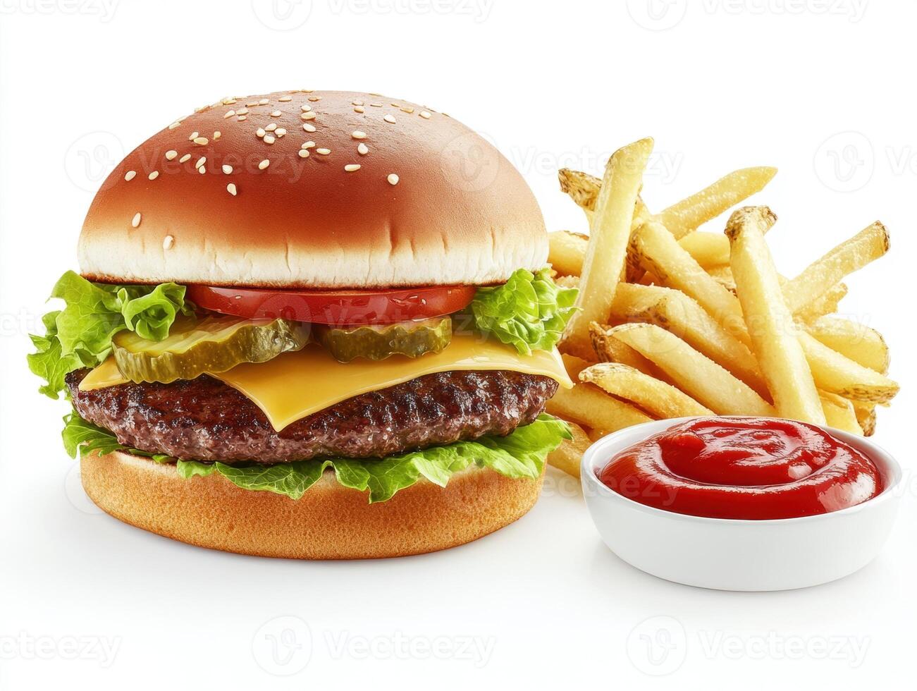 Delicious cheeseburger with fries and ketchup ready to enjoy photo
