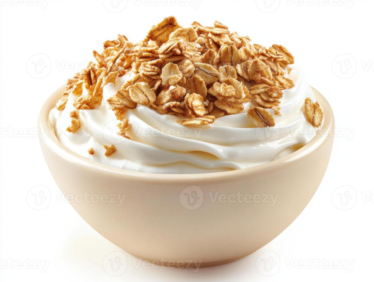 Bowl of creamy yogurt topped with crunchy oats and honey photo