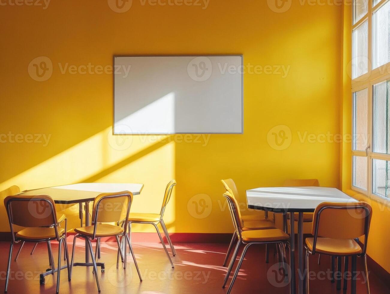 Bright classroom with yellow walls and empty tables in sunlight photo