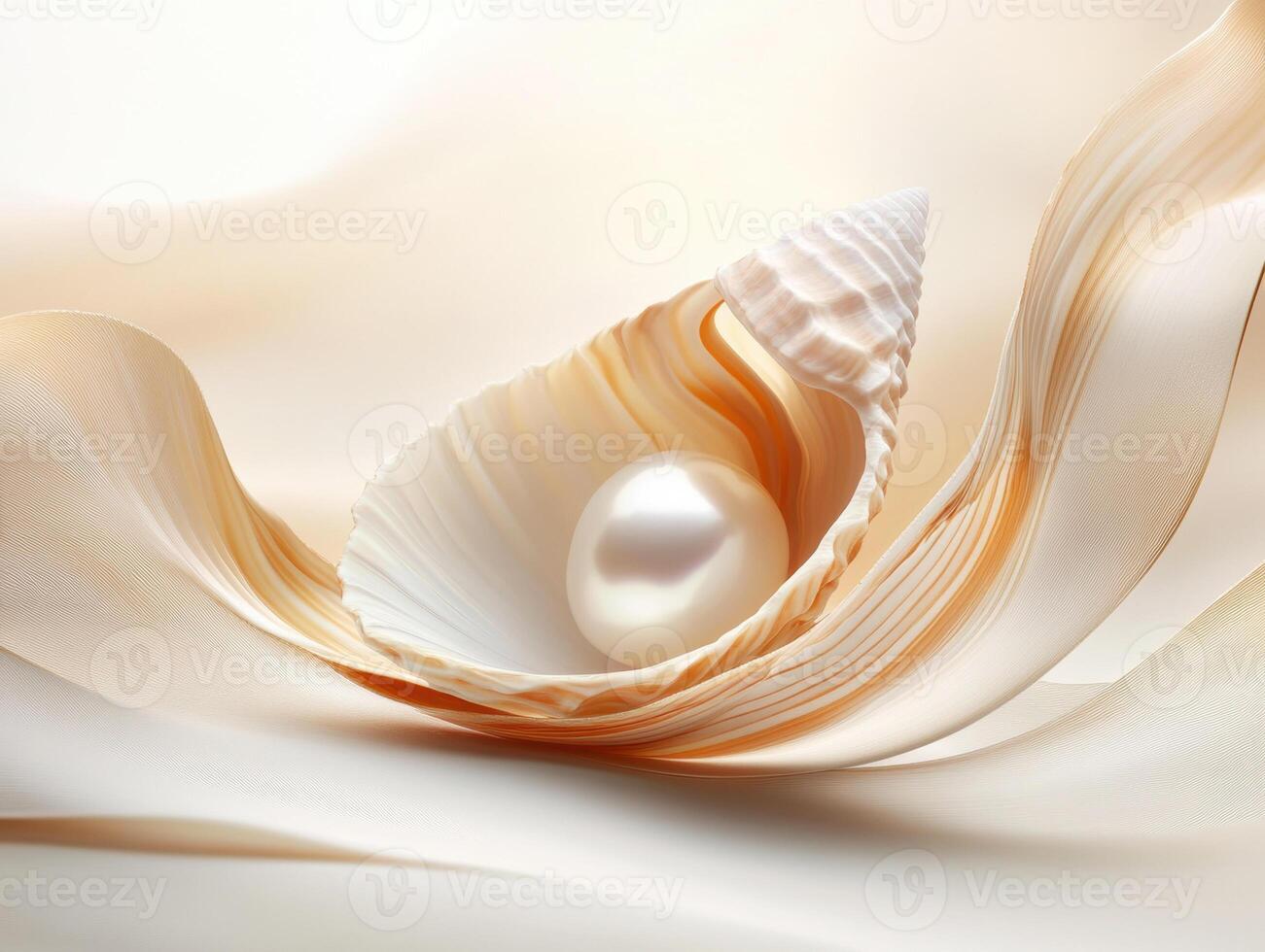 Elegant pearl nestled in a delicate seashell on soft fabric photo