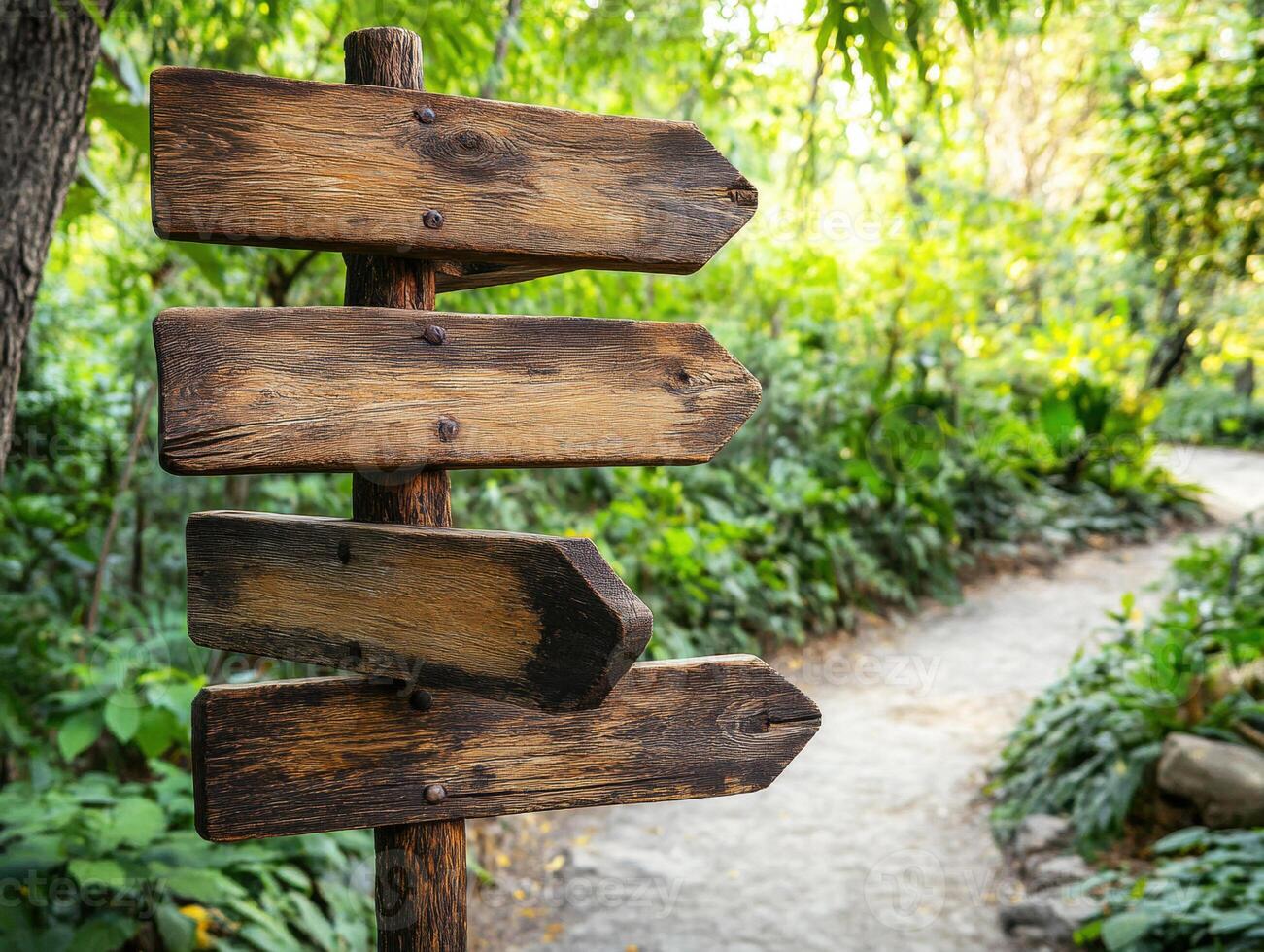 Wooden signpost with multiple arrows in a botanical garden setting photo