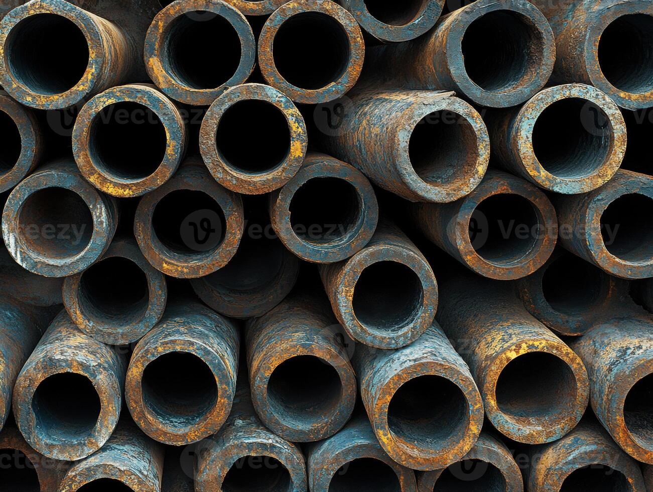Weathered metal pipes stacked in urban environment photo