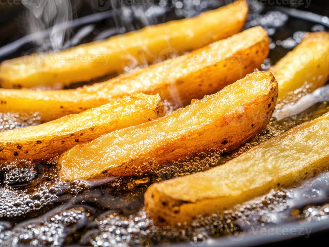 Golden potato wedges frying in hot oil on a stovetop photo