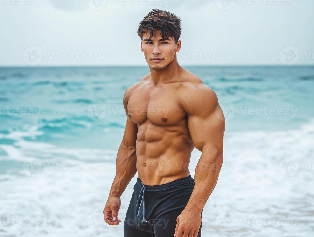 Strong man standing by the ocean in a beach setting photo