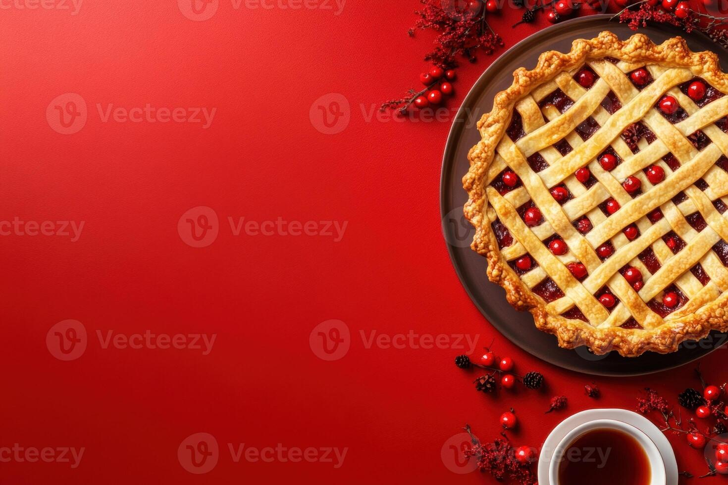 Freshly baked cherry pie accompanied by a warm beverage photo