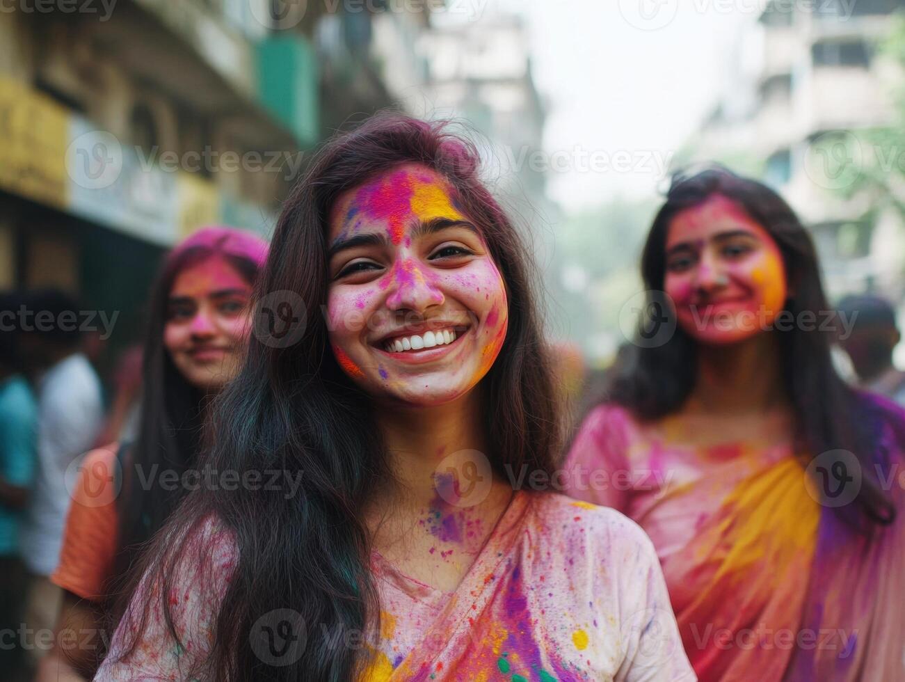 Smiling women celebrate Holi festival with vibrant colors in city photo
