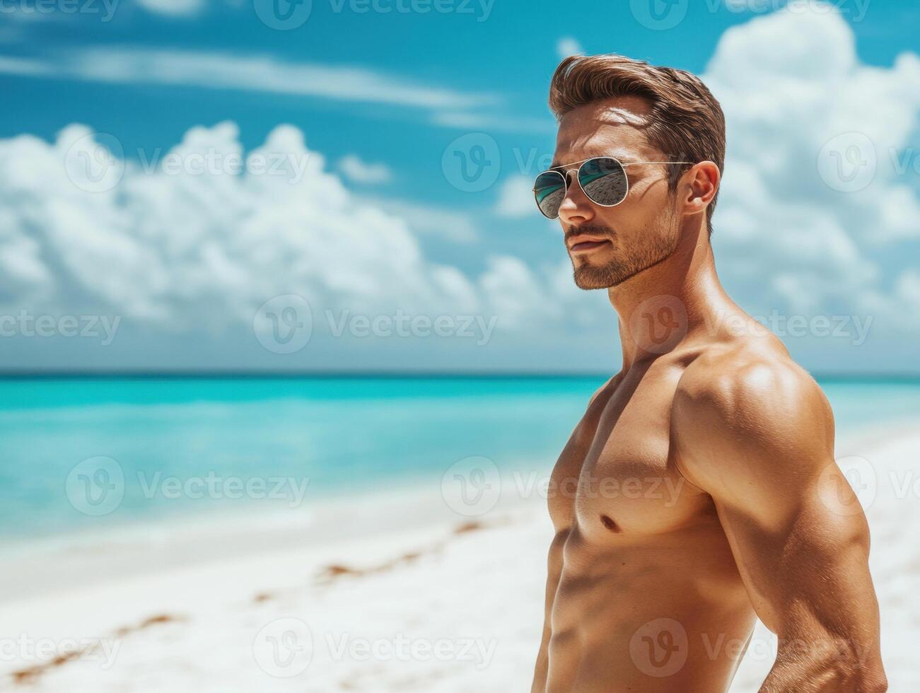 Young man enjoying a sunny day at the beach near turquoise water photo