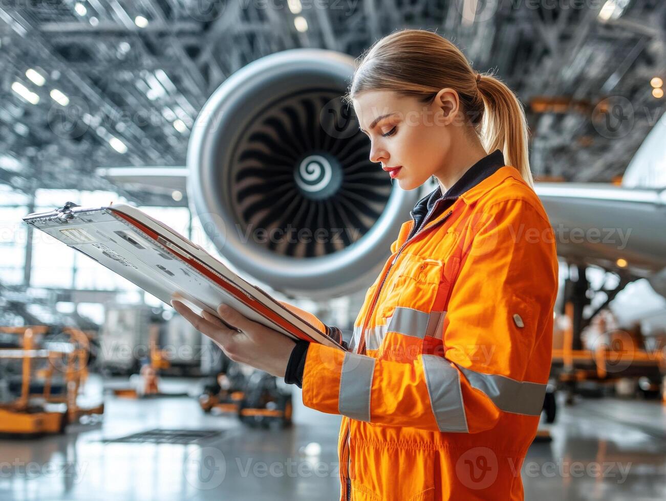 Female technician conducting maintenance checks in an aircraft hangar photo