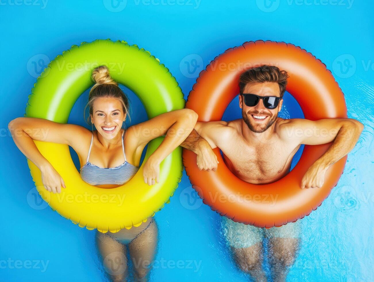 Couple enjoys summer fun in colorful pool floats on a sunny day photo