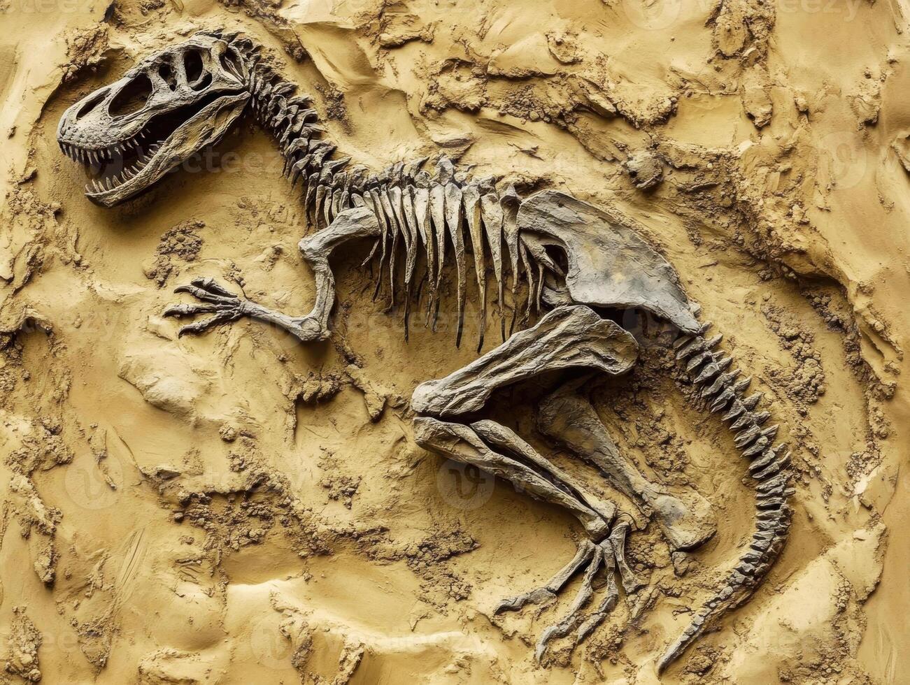 Dinosaur skeleton displayed in a museum exhibition room photo