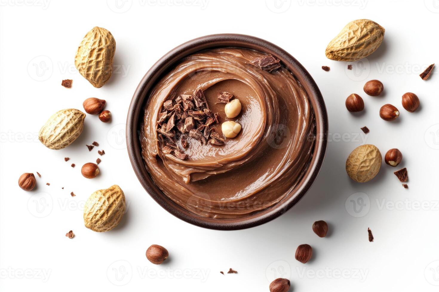 Creamy chocolate spread with nuts and chocolate shavings photo