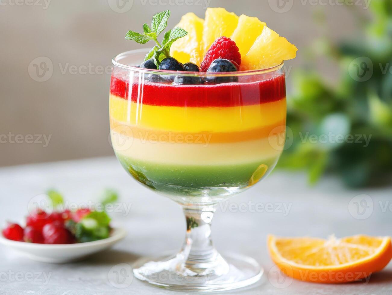 Colorful layered dessert served in a glass cup with fruit garnishes photo