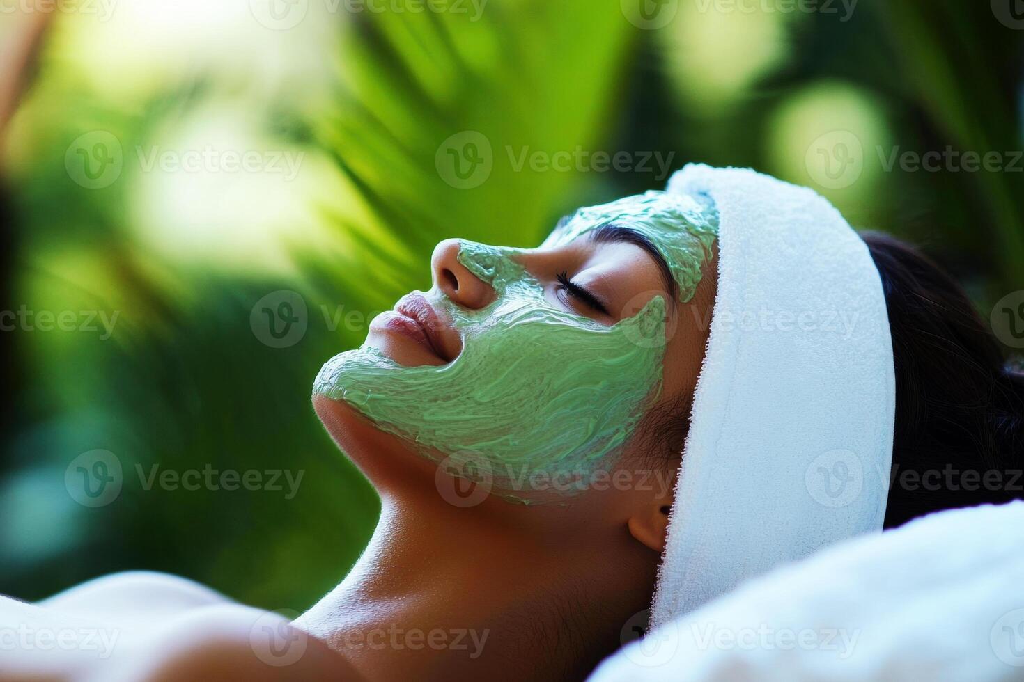 Woman relaxing with a green facial mask in a lush garden photo