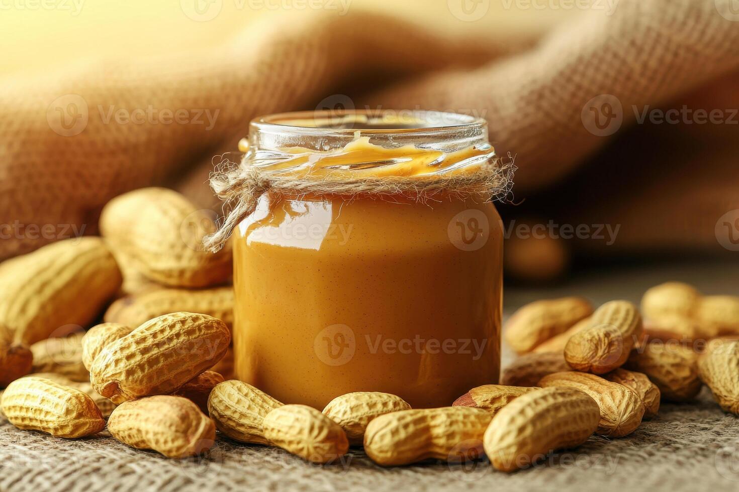 Peanut butter jar surrounded by fresh peanuts on wooden table photo
