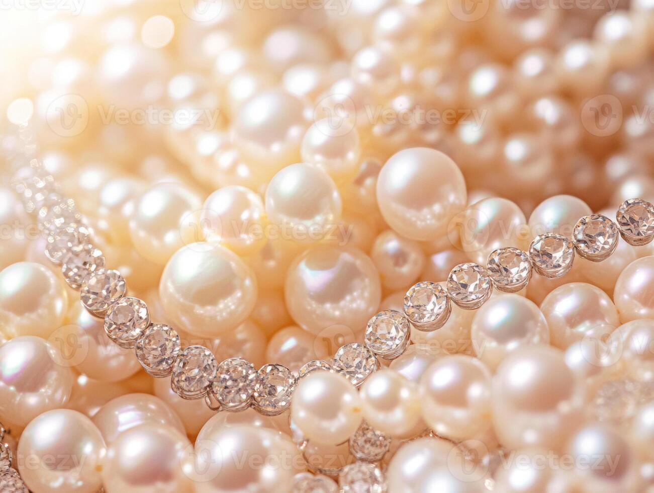 Elegant strands of pearls and crystals shimmer in warm light photo