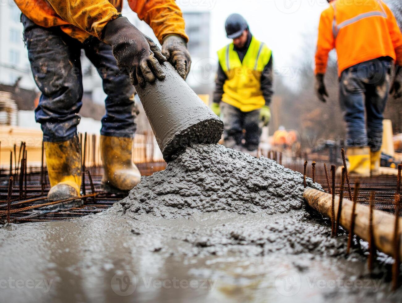Workers pouring concrete at a construction site on a cloudy day photo
