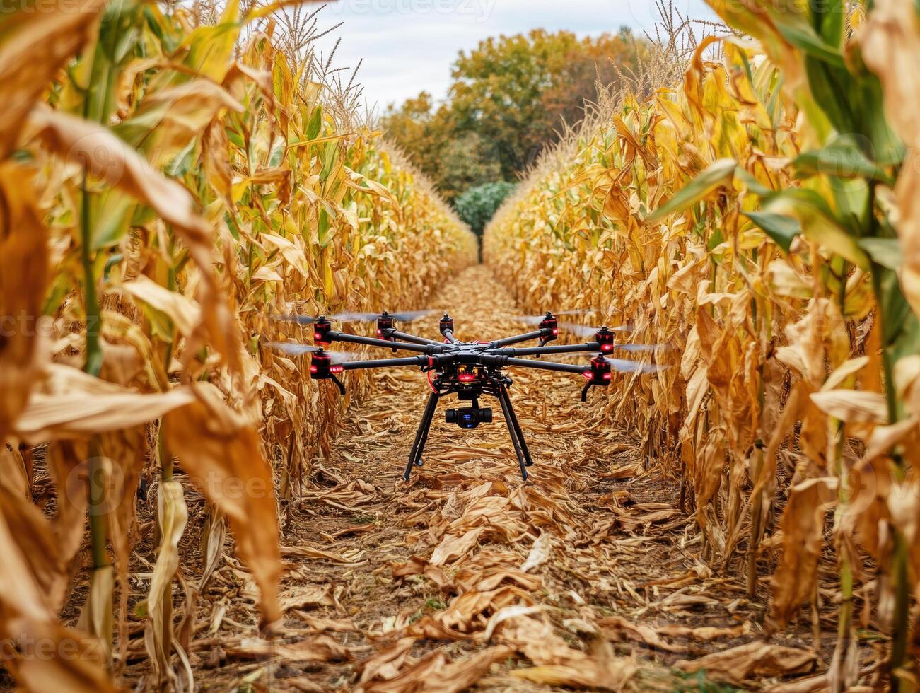 Drone monitoring cornfield with autumn foliage in background photo