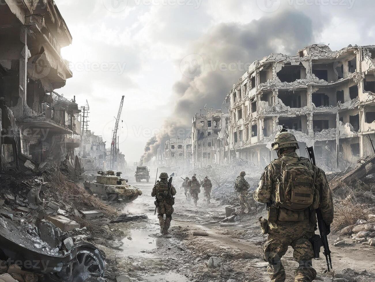 Soldiers navigate through war-torn urban landscape under cloudy sky photo