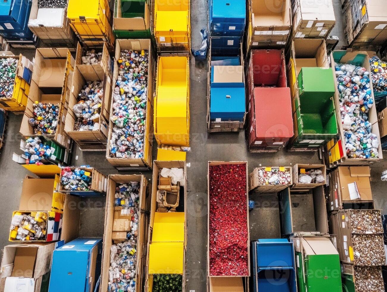Colorful recycling bins in a waste management facility photo