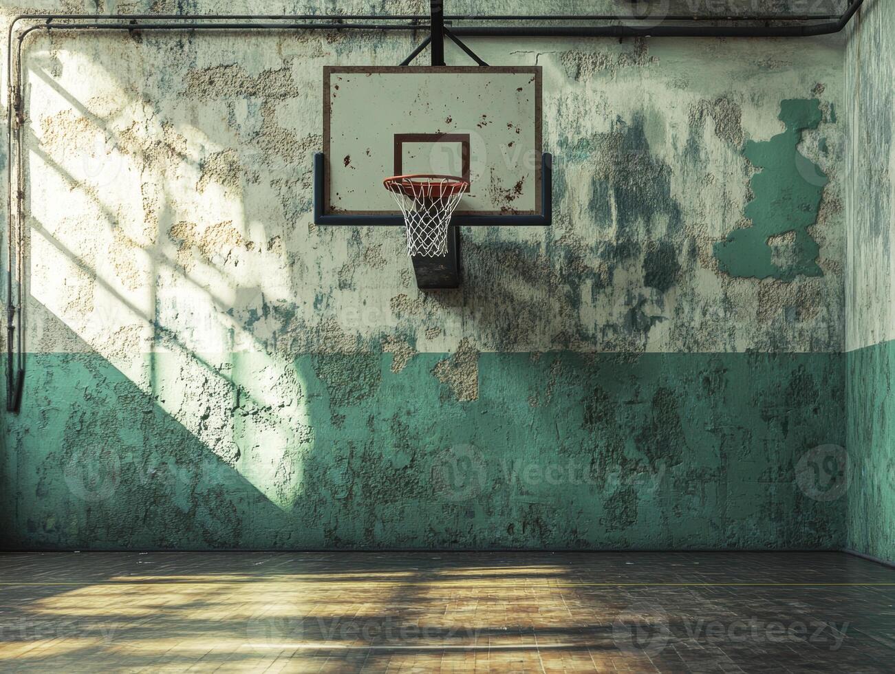 Abandoned basketball court with sunlit shadows on the floor photo