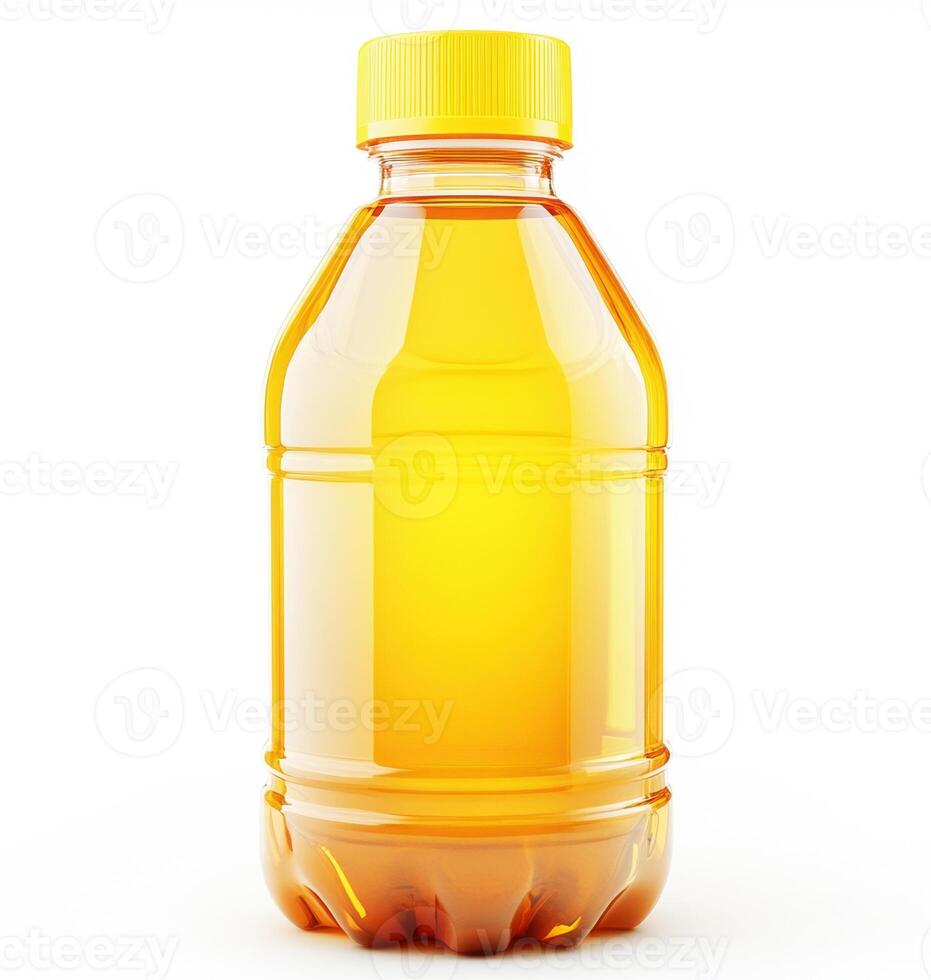 Clear plastic bottle filled with orange liquid and yellow cap photo