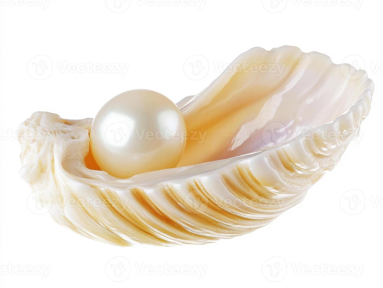 Pearl nestled in an open seashell on a white background photo