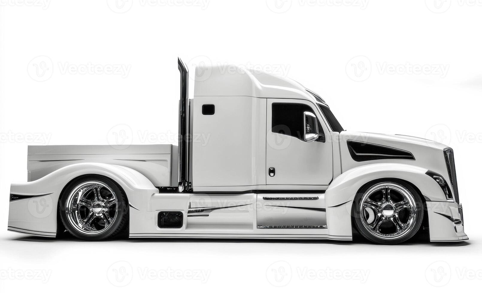 Custom white truck with chrome accents parked on a clean surface photo