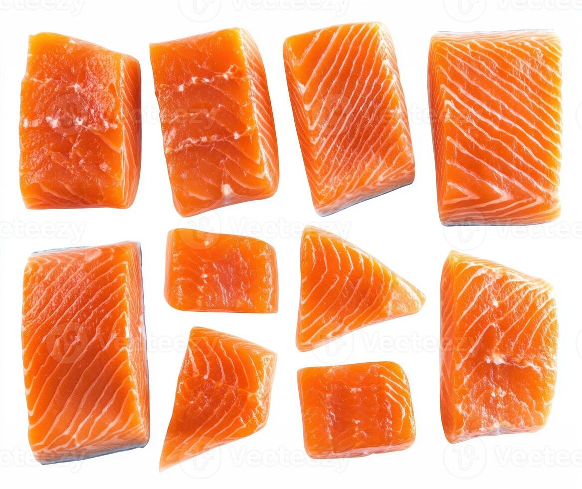 Fresh salmon fillets on a white background ready for cooking photo
