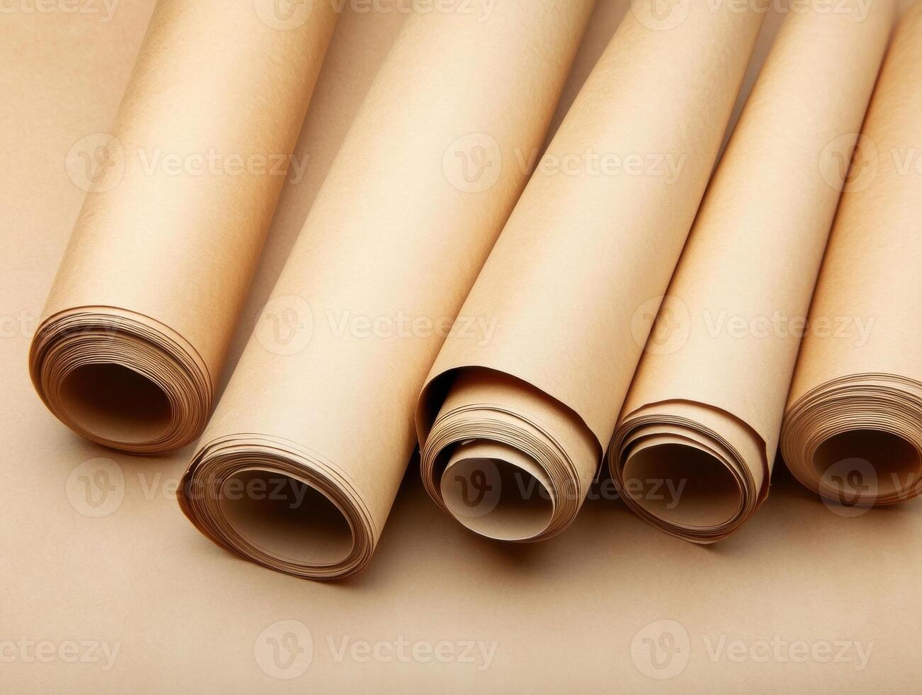 Brown kraft paper rolls arranged in a neat row for various uses photo