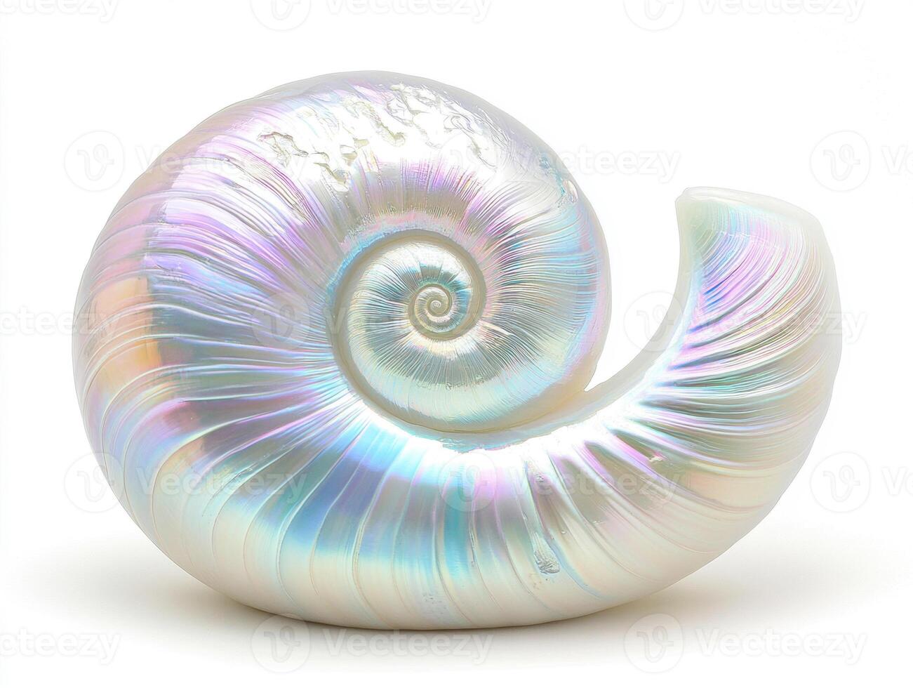 Beautiful iridescent shell resting on a plain surface photo