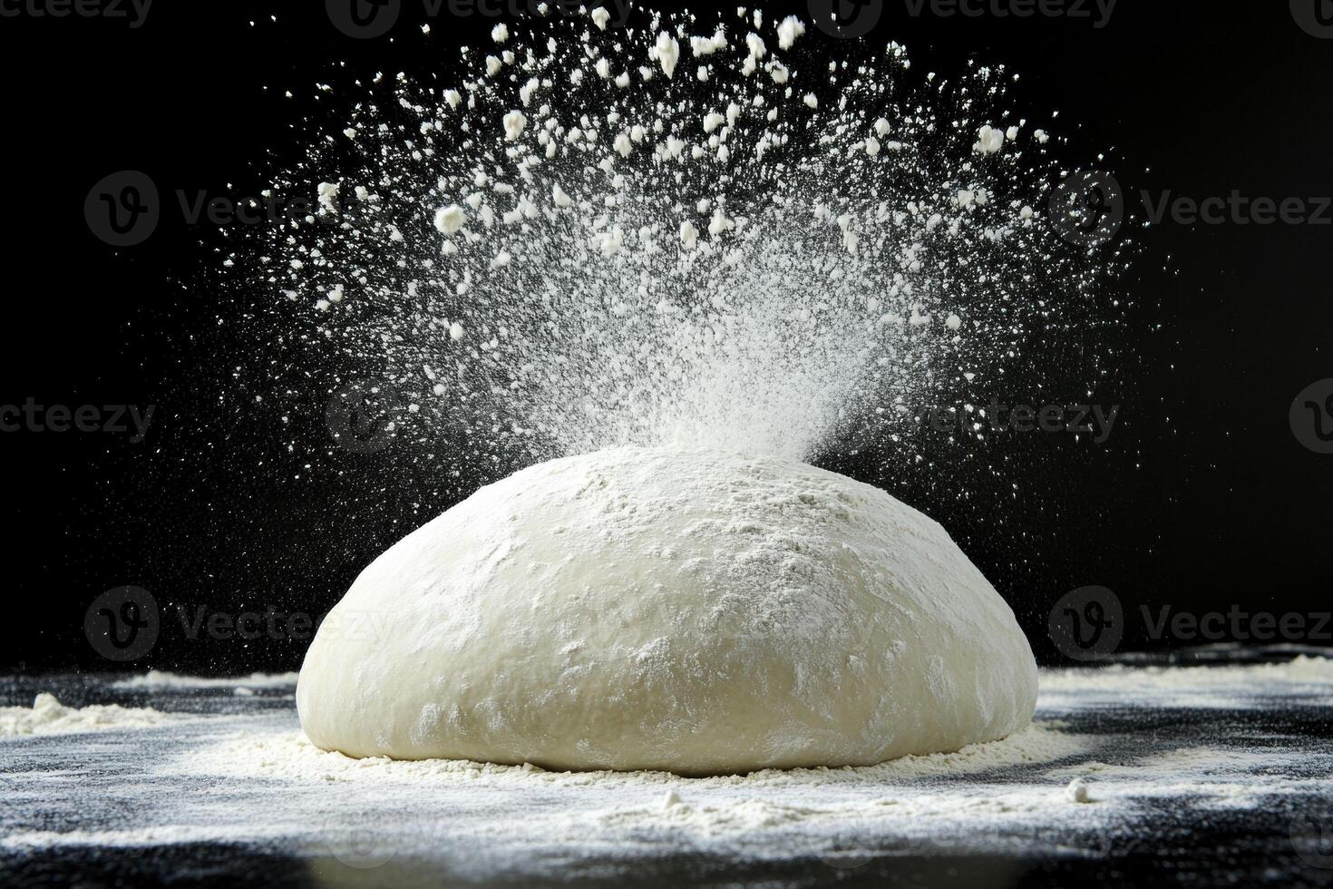 Flour erupts from kneaded dough during bread preparation process photo