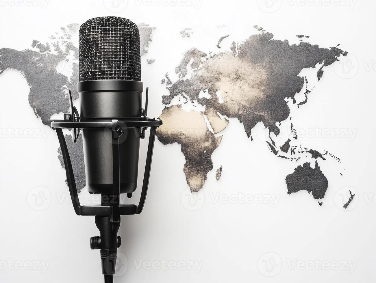 Microphone in front of world map showcasing global communication photo