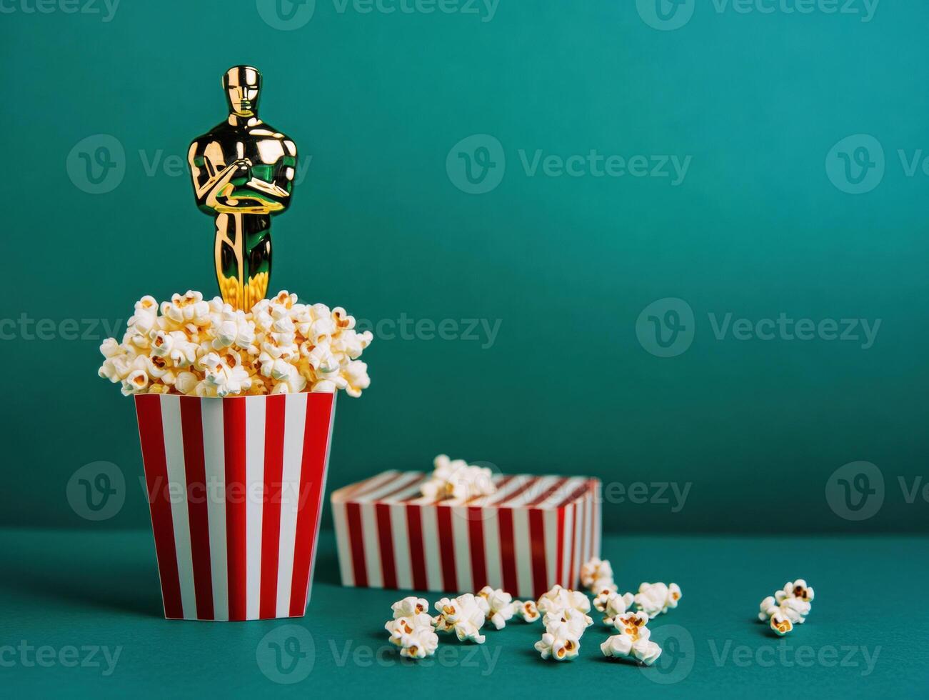 Golden statue on popcorn in striped cup with teal backdrop photo