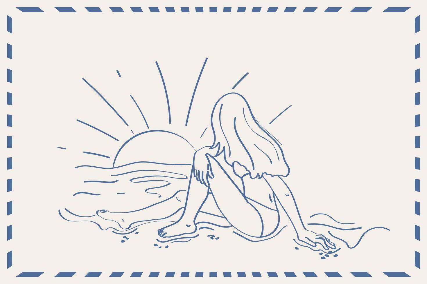 Doodle style illustration Sea weekend or seaside vacation.Sunset, tranquility, girl on the beach. Poster sketch, retro style vector
