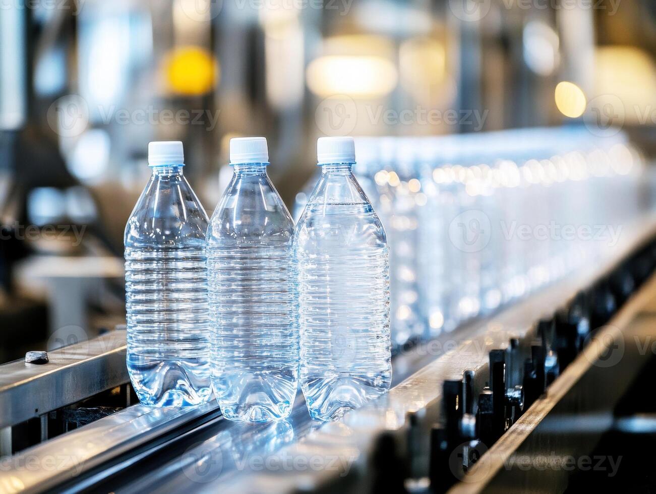 Clear water bottles moving along a production line in a factory photo