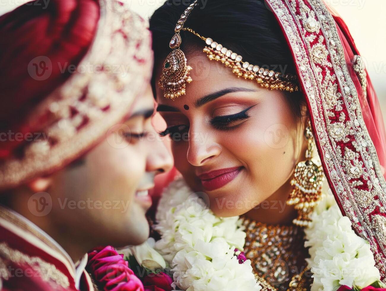 Couple celebrating traditional wedding ceremony in vibrant attire photo