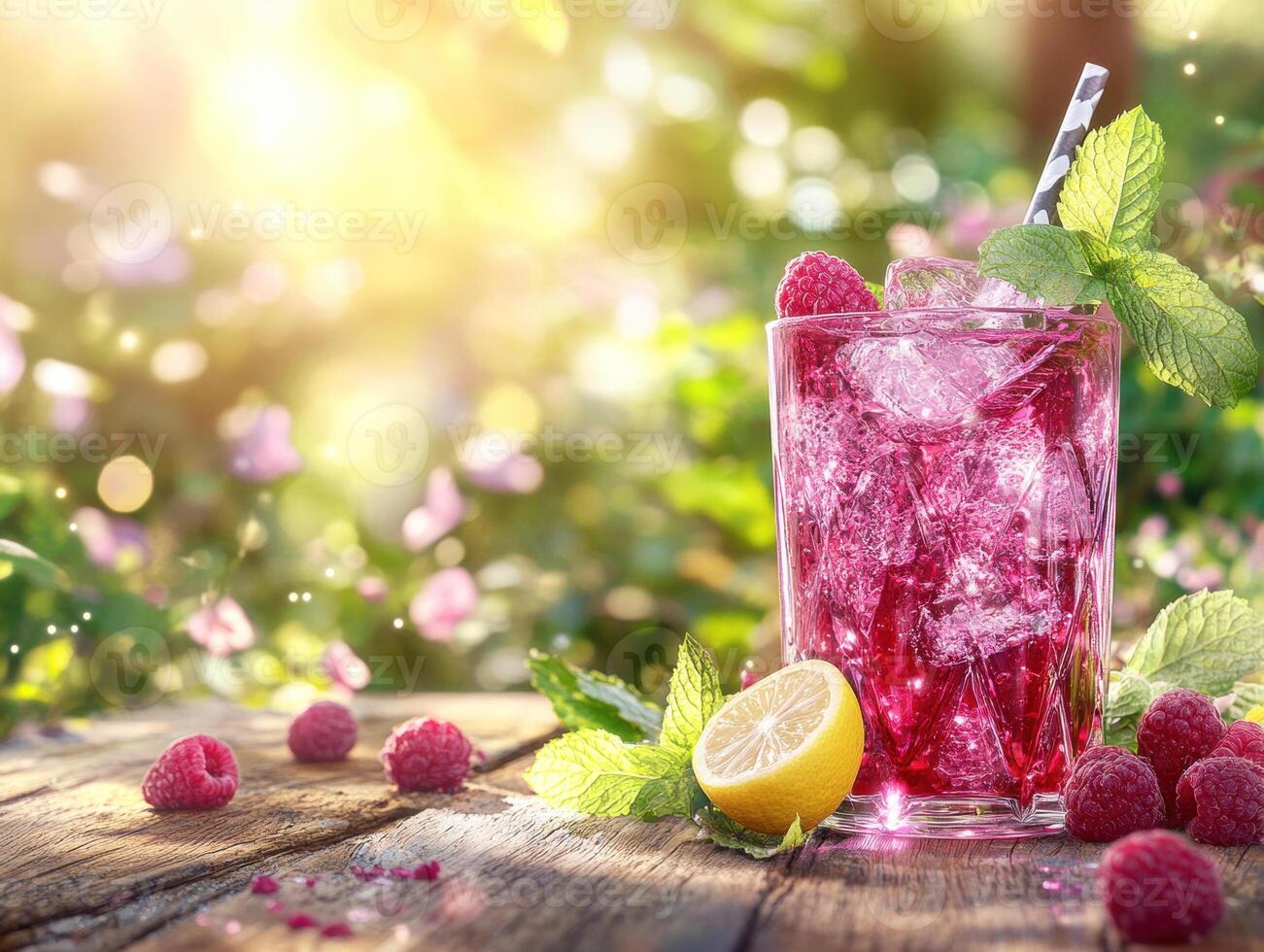Refreshing raspberry lemonade in a sunlit garden setting photo