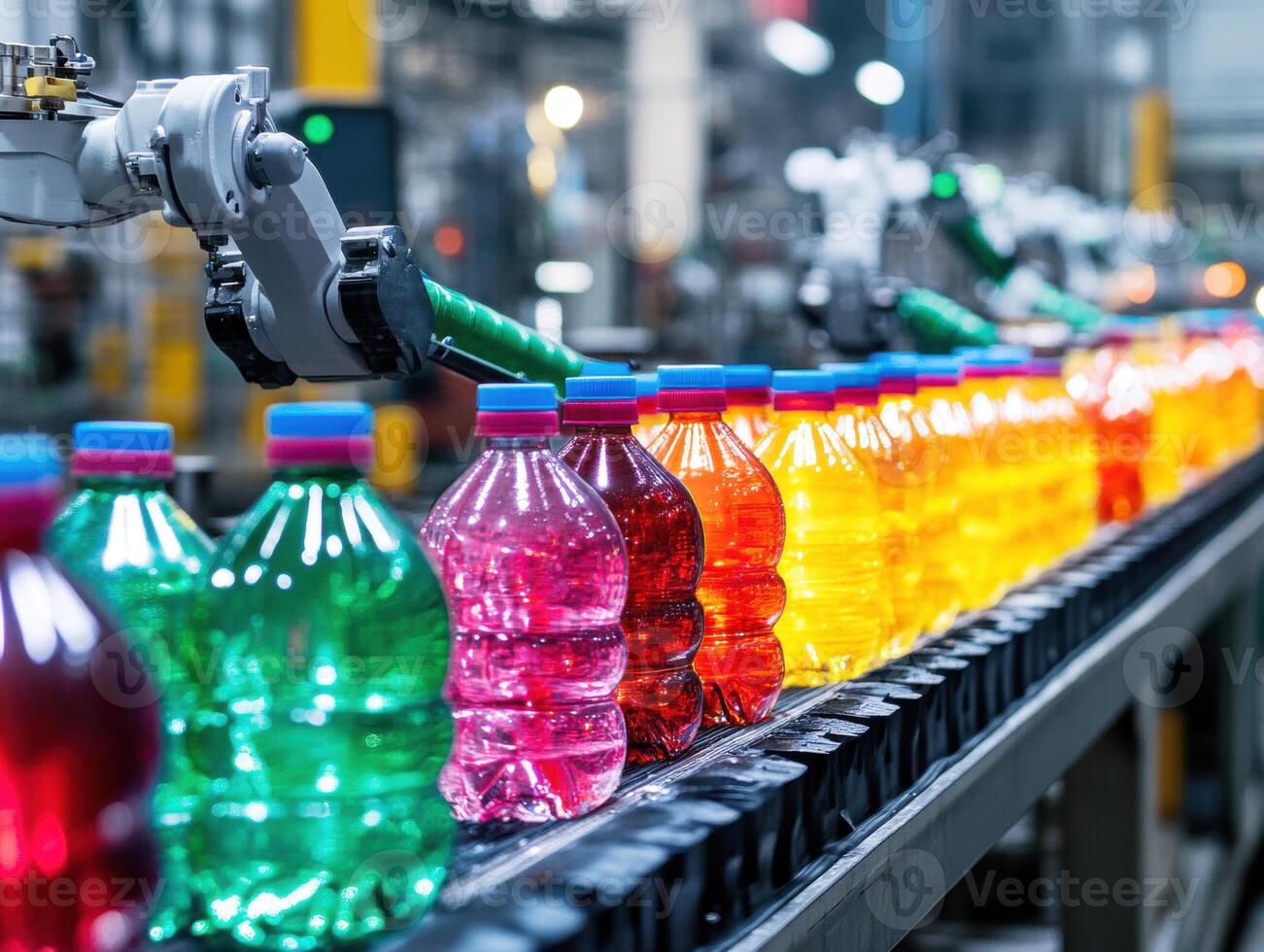 Production line of colorful bottled beverages in a factory setting photo