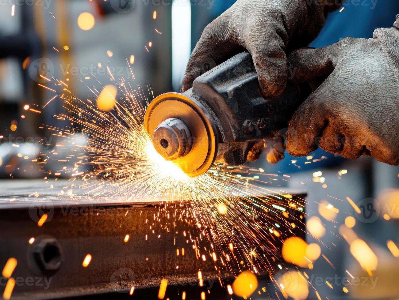 Worker using power tools to grind metal in workshop photo